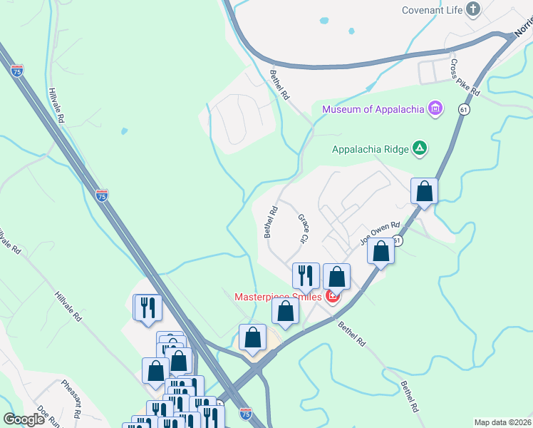 map of restaurants, bars, coffee shops, grocery stores, and more near 312 Bethel Road in Clinton
