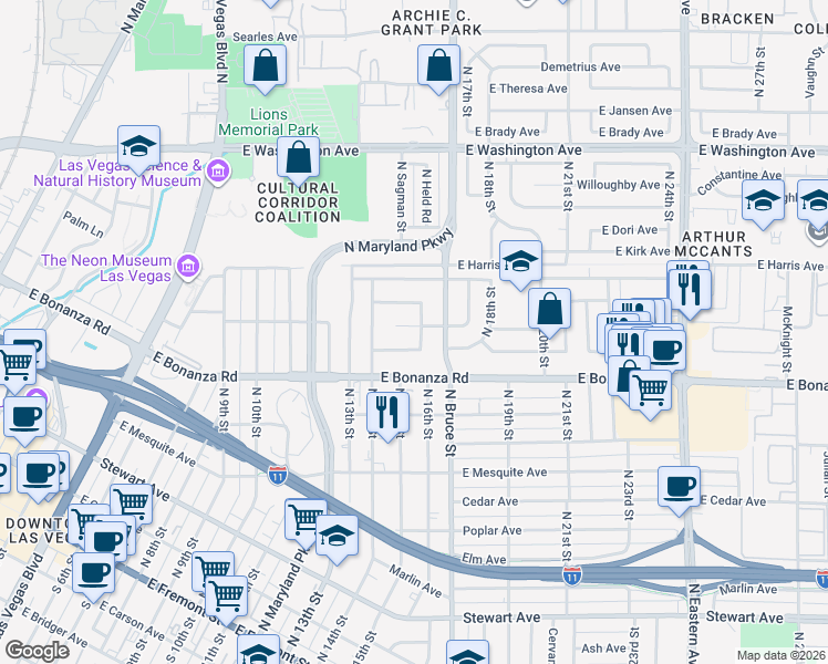 map of restaurants, bars, coffee shops, grocery stores, and more near 629 North 16th Street in Las Vegas