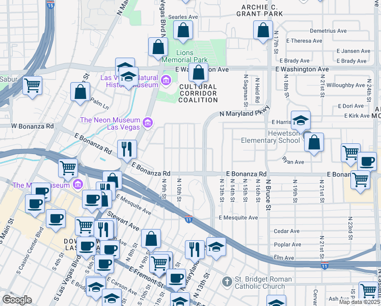 map of restaurants, bars, coffee shops, grocery stores, and more near 637 North 11th Street in Las Vegas