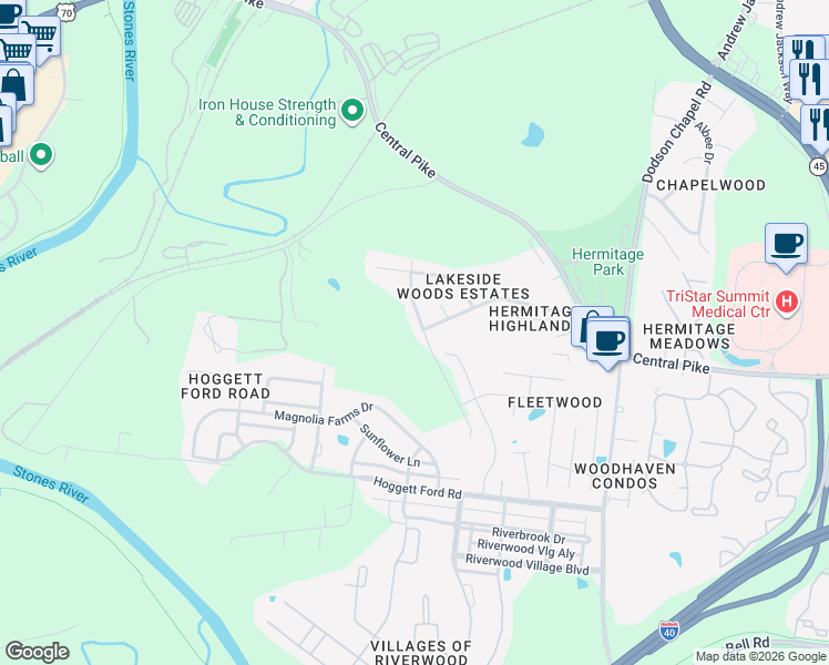 map of restaurants, bars, coffee shops, grocery stores, and more near 3632 Pierside Drive in Nashville