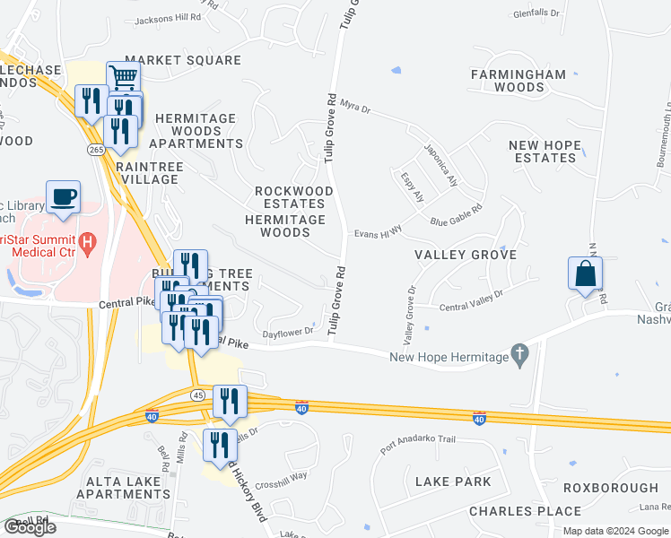 map of restaurants, bars, coffee shops, grocery stores, and more near 1304 Tulip Grove Road in Nashville