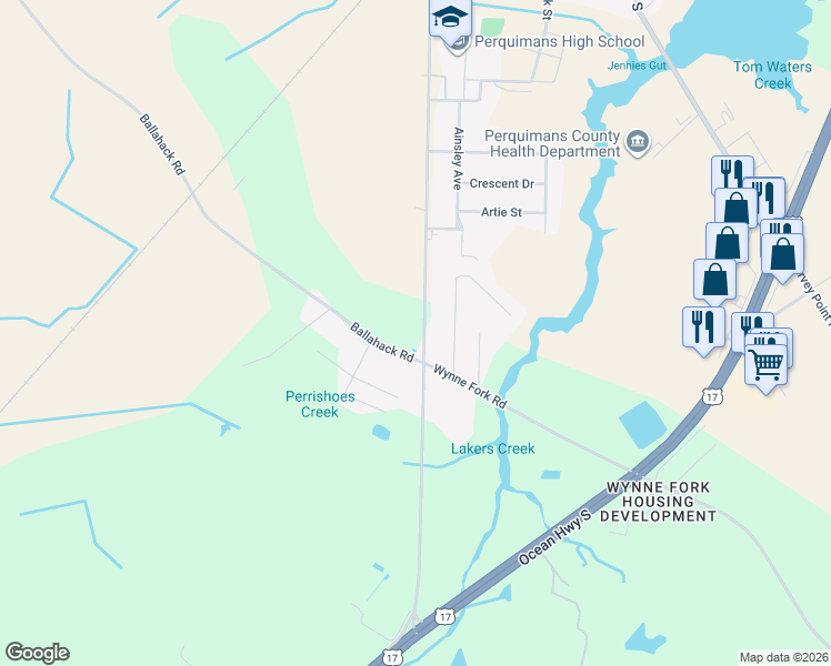 map of restaurants, bars, coffee shops, grocery stores, and more near 716 South Edenton Road Street in Hertford