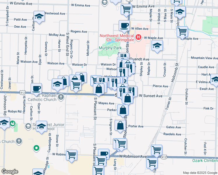 map of restaurants, bars, coffee shops, grocery stores, and more near 917 Eicher Avenue in Springdale