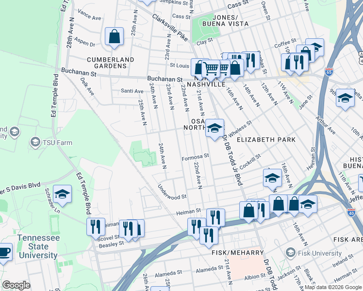 map of restaurants, bars, coffee shops, grocery stores, and more near 1613 22nd Avenue North in Nashville