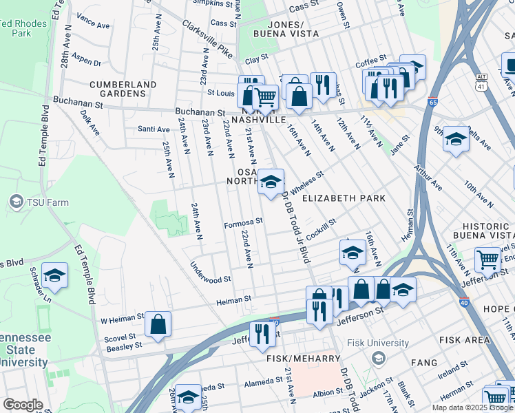 map of restaurants, bars, coffee shops, grocery stores, and more near 1609 21st Avenue North in Nashville