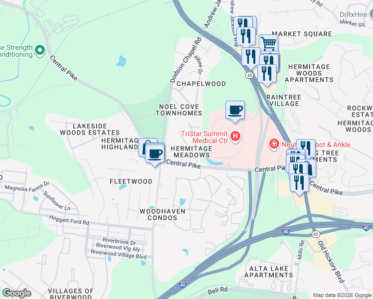 map of restaurants, bars, coffee shops, grocery stores, and more near 136 Thistle Lane in Nashville