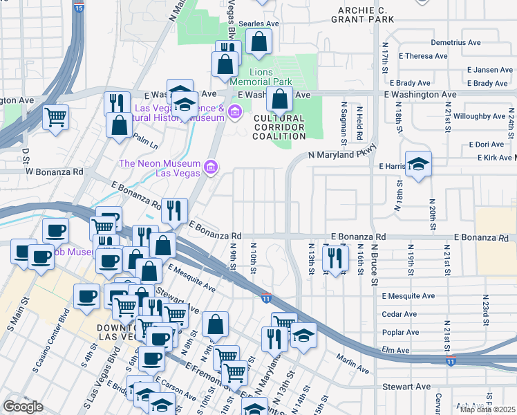 map of restaurants, bars, coffee shops, grocery stores, and more near 636 North 10th Street in Las Vegas