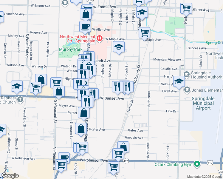 map of restaurants, bars, coffee shops, grocery stores, and more near 131 Pierce Avenue in Springdale
