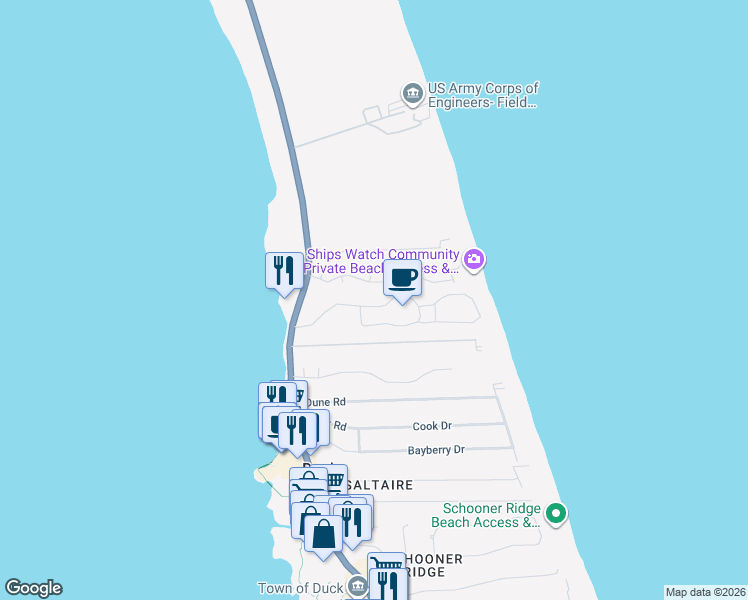 map of restaurants, bars, coffee shops, grocery stores, and more near Barrier Island Station in Duck