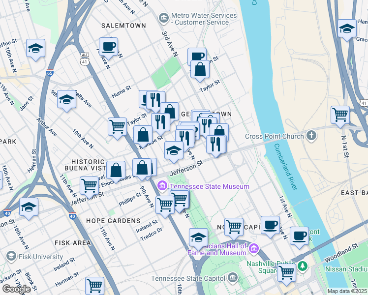 map of restaurants, bars, coffee shops, grocery stores, and more near 1205B 5th Avenue North in Nashville