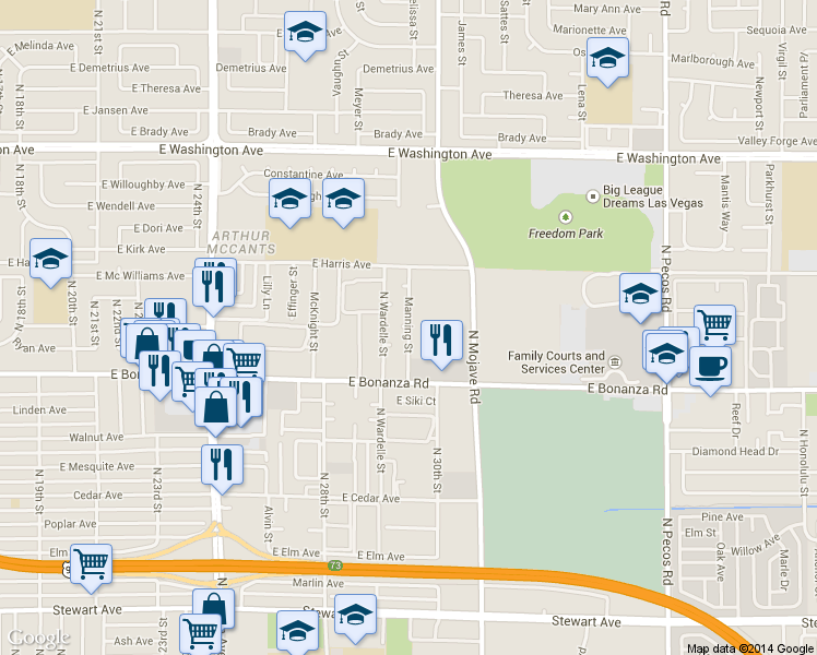 map of restaurants, bars, coffee shops, grocery stores, and more near 2929 East Vandament Street in Las Vegas