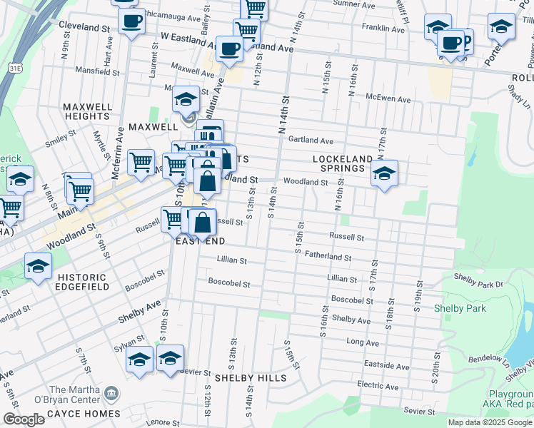 map of restaurants, bars, coffee shops, grocery stores, and more near 104 South 14th Street in Nashville