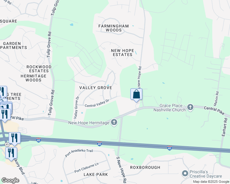 map of restaurants, bars, coffee shops, grocery stores, and more near 1009 Central Valley Ct in Nashville