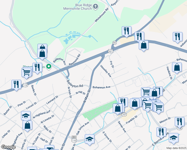 map of restaurants, bars, coffee shops, grocery stores, and more near 714 North Main Street in Greeneville