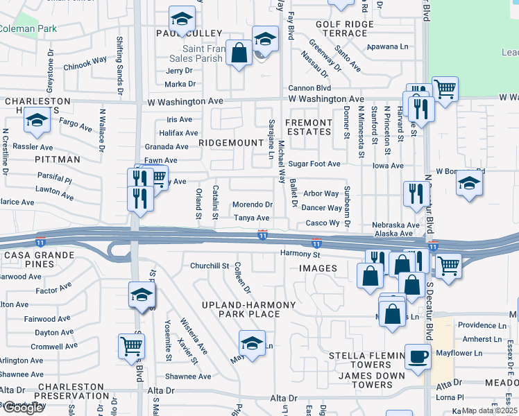 map of restaurants, bars, coffee shops, grocery stores, and more near 5501 Morendo Drive in Las Vegas
