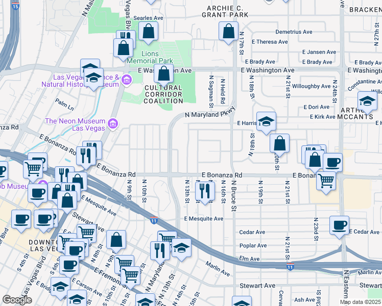 map of restaurants, bars, coffee shops, grocery stores, and more near 628 North 12th Street in Las Vegas
