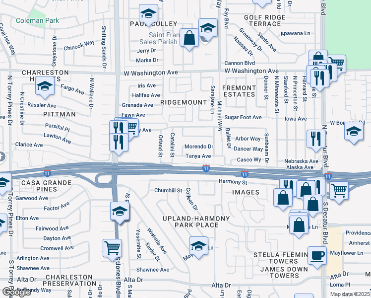 map of restaurants, bars, coffee shops, grocery stores, and more near 5605 Morendo Drive in Las Vegas