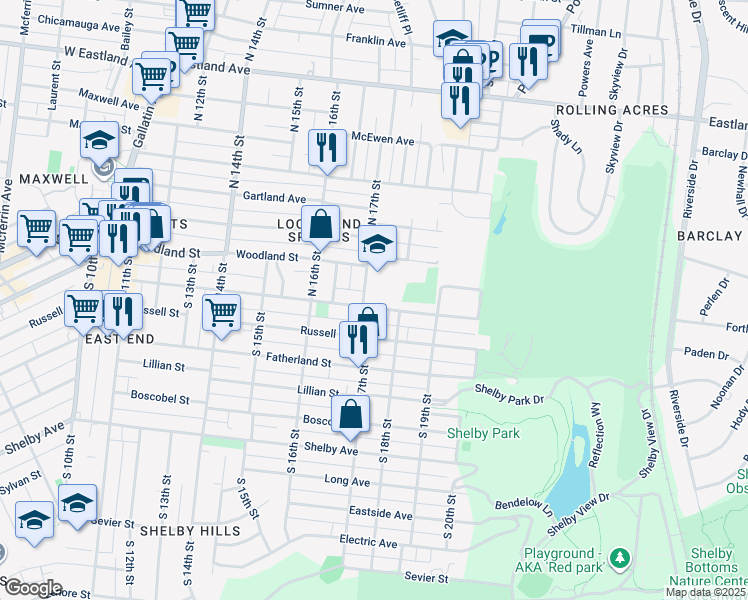 map of restaurants, bars, coffee shops, grocery stores, and more near 1709 Holly Street in Nashville