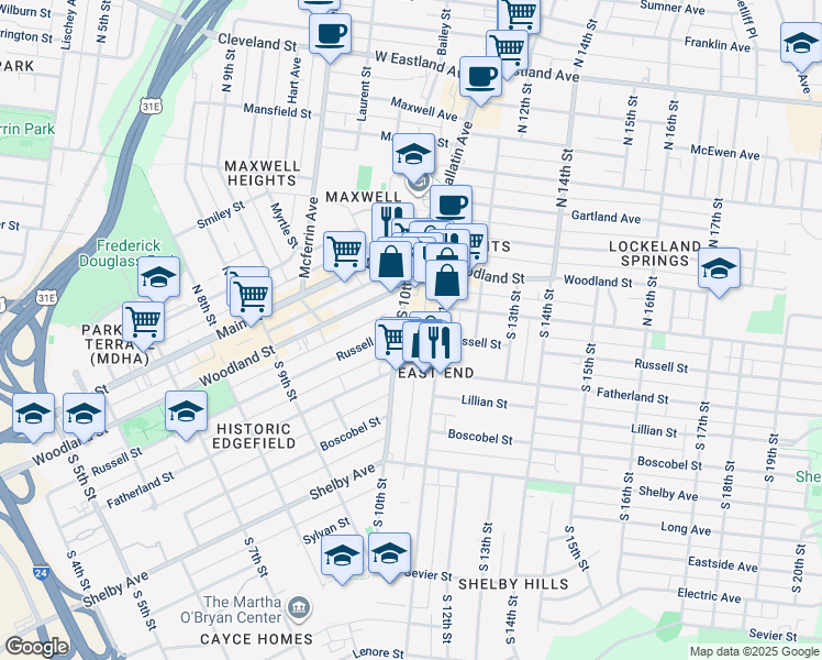 map of restaurants, bars, coffee shops, grocery stores, and more near 1020 Russell Street in Nashville