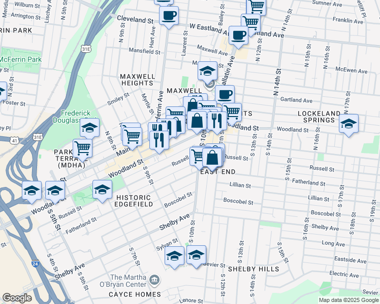 map of restaurants, bars, coffee shops, grocery stores, and more near 945 Russell Street in Nashville