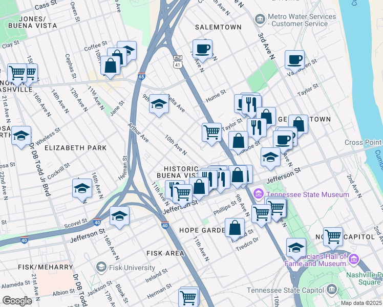 map of restaurants, bars, coffee shops, grocery stores, and more near 1404 10th Avenue North in Nashville