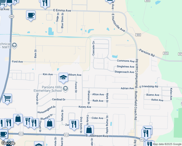 map of restaurants, bars, coffee shops, grocery stores, and more near 2599 Mia Place in Springdale