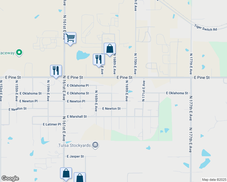 map of restaurants, bars, coffee shops, grocery stores, and more near 16710 East Oklahoma Street in Tulsa
