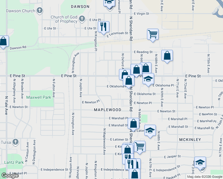 map of restaurants, bars, coffee shops, grocery stores, and more near 6302 East Oklahoma Place in Tulsa