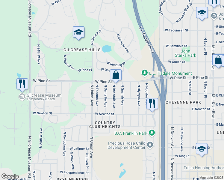 map of restaurants, bars, coffee shops, grocery stores, and more near 1427 North Rosedale Avenue in Tulsa