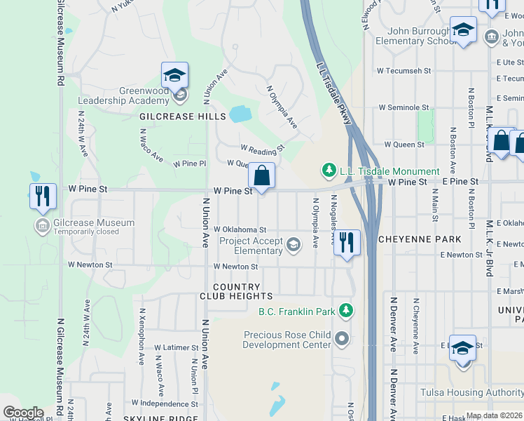 map of restaurants, bars, coffee shops, grocery stores, and more near 1427 North Rosedale Avenue in Tulsa