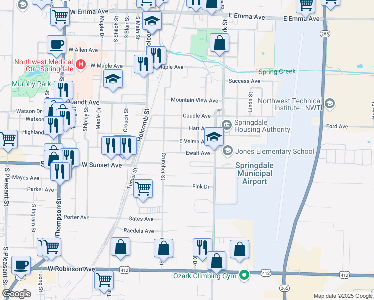 map of restaurants, bars, coffee shops, grocery stores, and more near 412 Ewalt Avenue in Springdale