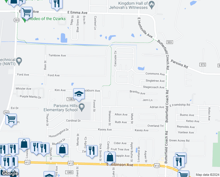 map of restaurants, bars, coffee shops, grocery stores, and more near 2599 Mia Place in Springdale
