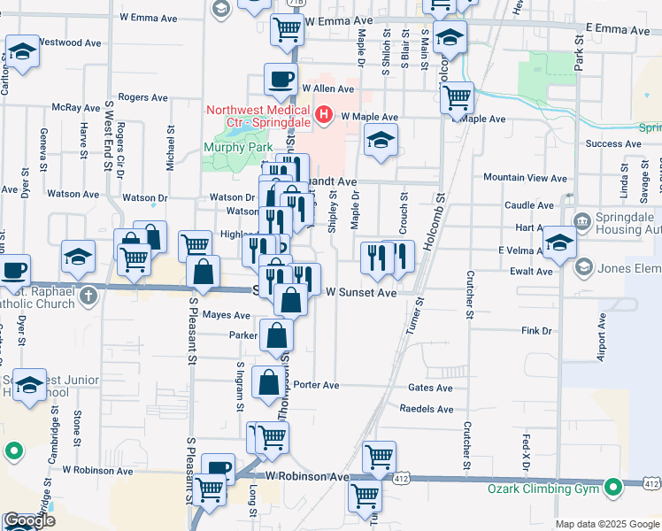map of restaurants, bars, coffee shops, grocery stores, and more near 1004 Shipley St in Springdale