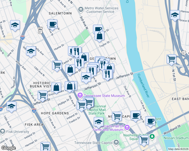 map of restaurants, bars, coffee shops, grocery stores, and more near 1205B 5th Avenue North in Nashville