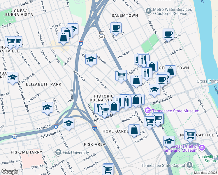 map of restaurants, bars, coffee shops, grocery stores, and more near 1404 10th Avenue North in Nashville
