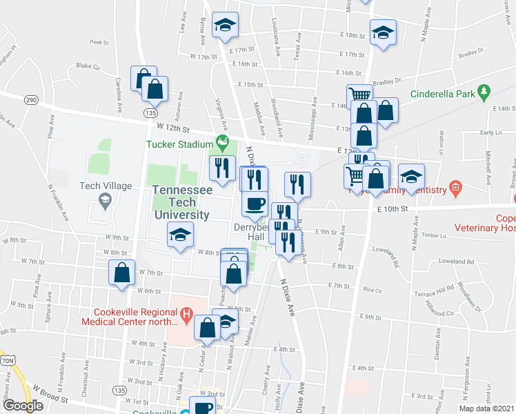 map of restaurants, bars, coffee shops, grocery stores, and more near in Cookeville