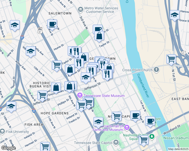 map of restaurants, bars, coffee shops, grocery stores, and more near 1205B 5th Avenue North in Nashville