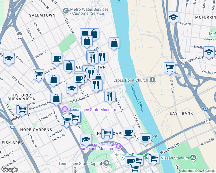 map of restaurants, bars, coffee shops, grocery stores, and more near 122 Jefferson Street in Nashville
