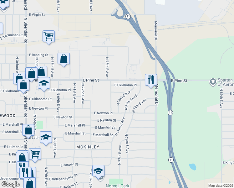 map of restaurants, bars, coffee shops, grocery stores, and more near 7520 East Oklahoma Street in Tulsa