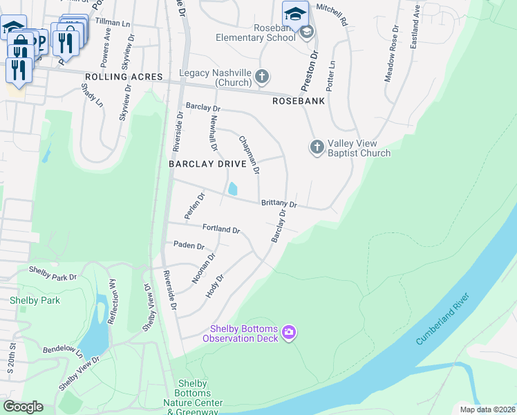 map of restaurants, bars, coffee shops, grocery stores, and more near 2428 Brittany Drive in Nashville