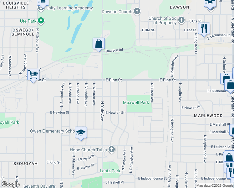 map of restaurants, bars, coffee shops, grocery stores, and more near 1406 North Braden Avenue in Tulsa