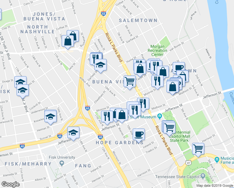 map of restaurants, bars, coffee shops, grocery stores, and more near 1404 10th Avenue North in Nashville
