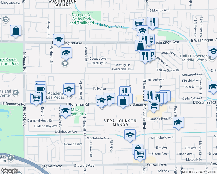 map of restaurants, bars, coffee shops, grocery stores, and more near 4136 Tully Avenue in Las Vegas