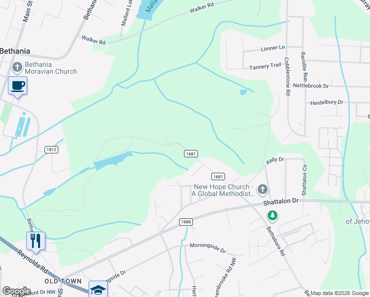 map of restaurants, bars, coffee shops, grocery stores, and more near 3261 Bethabara Road in Winston-Salem
