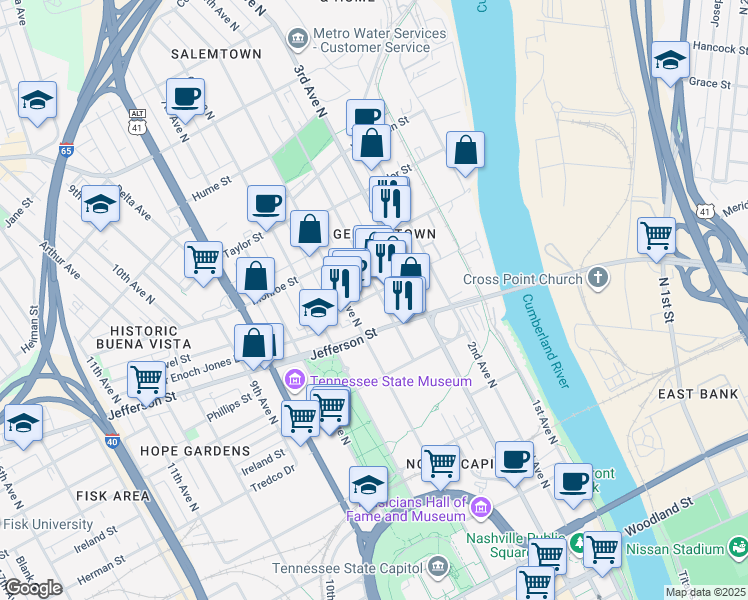 map of restaurants, bars, coffee shops, grocery stores, and more near 1121 4th Avenue North in Nashville