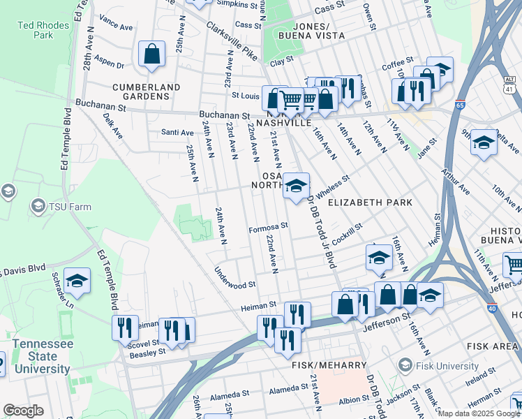 map of restaurants, bars, coffee shops, grocery stores, and more near 1613 22nd Avenue North in Nashville