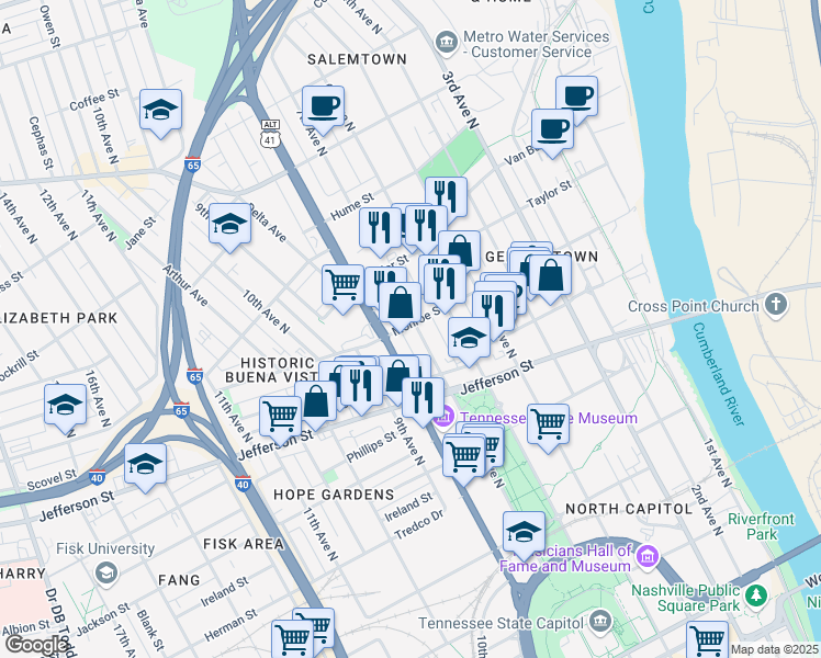 map of restaurants, bars, coffee shops, grocery stores, and more near 1227 7th Avenue North in Nashville