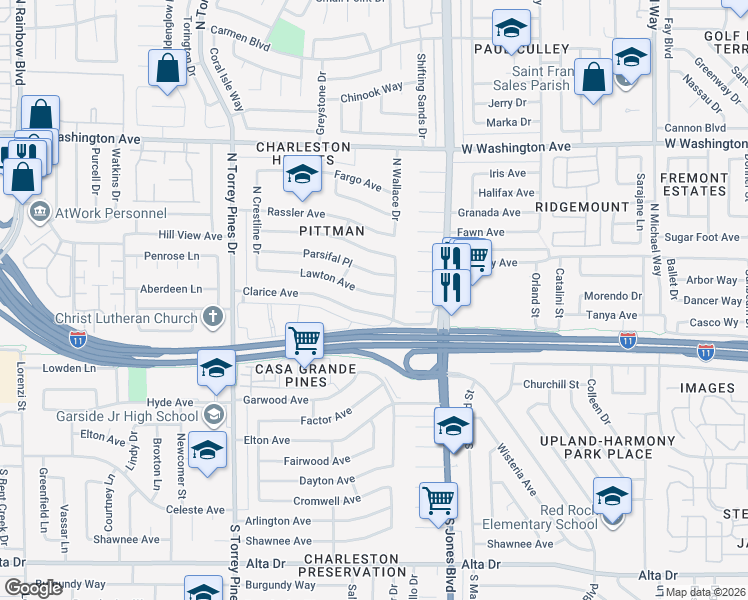 map of restaurants, bars, coffee shops, grocery stores, and more near 6213 Lawton Avenue in Las Vegas