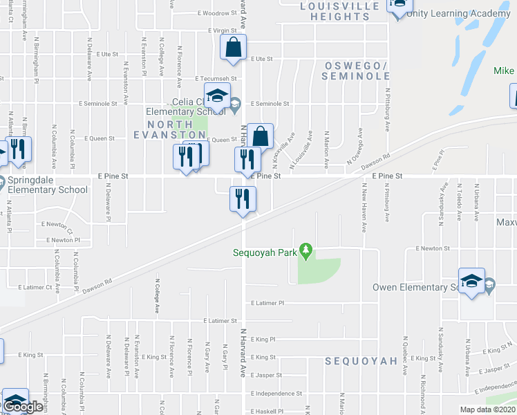 map of restaurants, bars, coffee shops, grocery stores, and more near 1413 North Indianapolis Avenue in Tulsa
