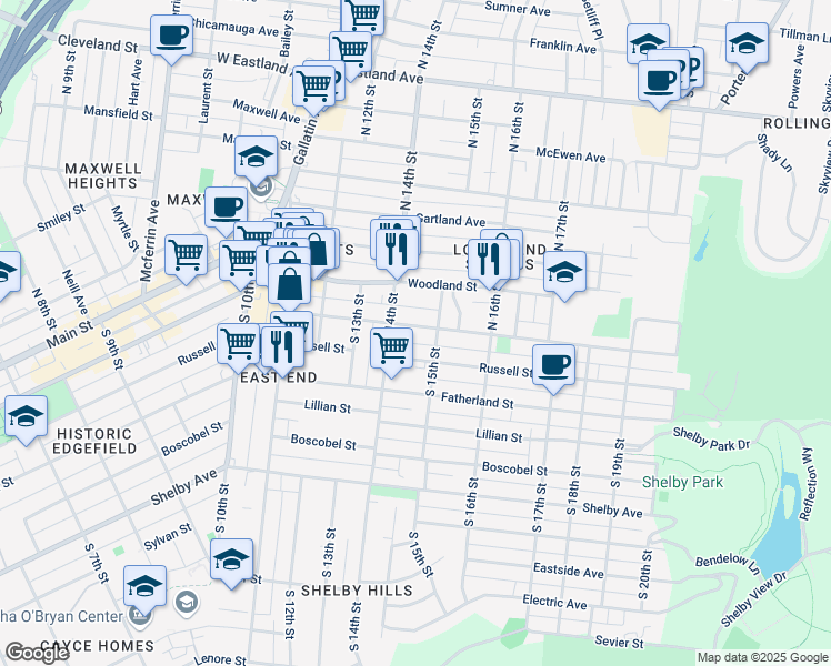 map of restaurants, bars, coffee shops, grocery stores, and more near 1410 Holly Street in Nashville